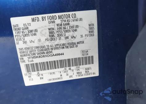 2013 Ford Explorer Xlt from USA, damaged, VIN 1FM5K8D8XDGA49844